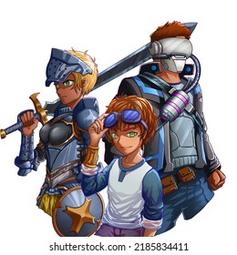 Three Cool Soldiers here. The boys Wear Sunglasses, Sword and Oxygen Mask. Concept Art. Book Illustration Clipart. Video Game Characters. Serious Digital Painting. CG Artwork.