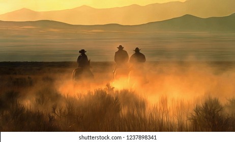 Three Cowboy Galloping On A Background Of Mountains