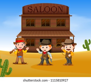 Three Cowboys Holding Gun And Standing Outside The Saloon