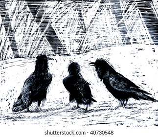 Three Crows In Snow Illustration