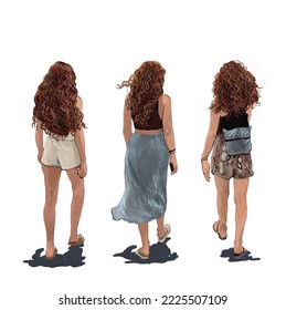 Three Curly Girls Walking Together Look From Behind Sketch.