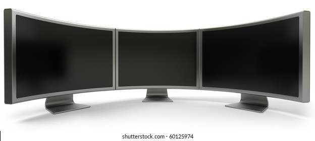 Three Curved Blank LCD Computer Monitor Isolated On White