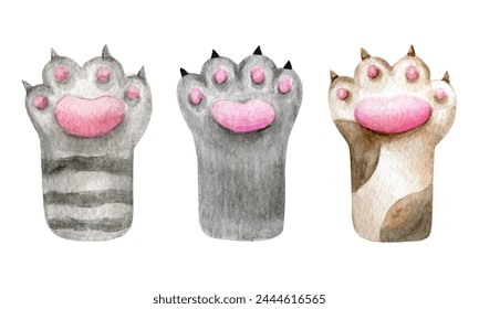 Three cute cat paws. Hand drawn watercolor illustration of sweet grey, spotted and stripes paws of domestic pets isolated on white background. Graphic for  print, greeting card, stickers, poster - Powered by Shutterstock