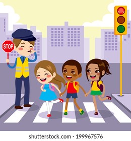 Three Cute Little School Children Students Crossing Street Walking Through Pedestrian Crossing With Help From Male Cop Holding Stop Sign