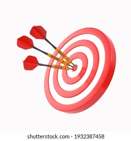 Three darts hitting a red target on the center isolated on white background. 3d render illustration