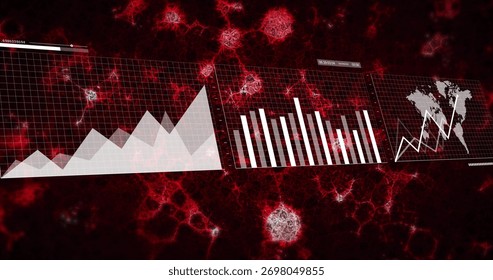 Three data panels displaying on analytics dashboard, with area chart bar chart world map line chart. Infographic, technology, modern, digital, analytics, health, data visualization