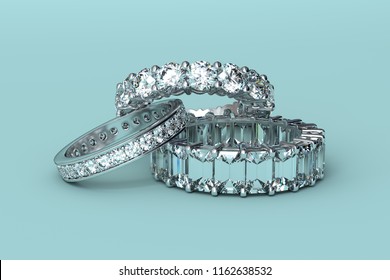 Three Diamond Eternity Wedding Rings On Tiffany Blue Background. 3D Illustration