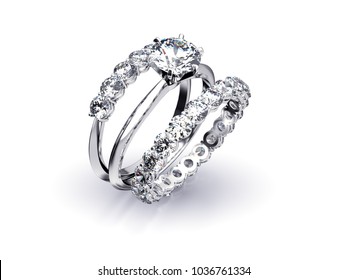 Three Diamond Rings, Engagement Solitaire, Eternity, Half Circle On White Background.  3D Rendering Illustration