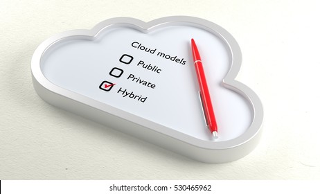 Three Different Cloud Models In A Symbol Checklist With A Ball Pen And Hybrid Crossed Off 3D Illustration