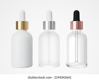 Three different cosmetic serum dropper bottles 3D render, care product packaging. 3D Illustration