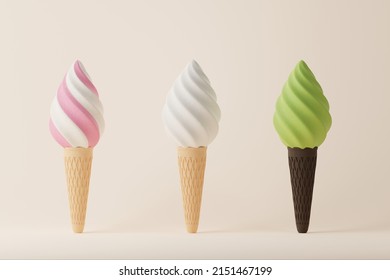 Three Different Flavors Of Soft Serve And Cone, Elements For Ice Cream Shop And Summer Season. 3D Illustration Render