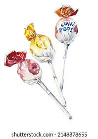 Three different lolipops. Cute little things. Watercolor hand drawn illustration