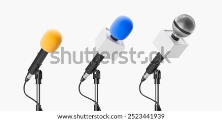 Similar – Image, Stock Photo Microphone on stand on stage close up with searchlight light. Professional mic at concert hall or conference room, karaoke, night club, bar. Public events, festival, wedding. Copy space.