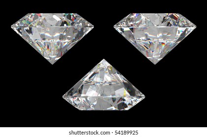 Three different side views of large diamond over black background. Extralarge resolution