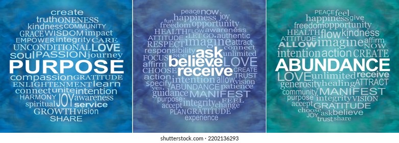 Three different spiritual theme square coaster backgrounds - PURPOSE, ABUNDANCE, ASK BELIEVE RECEIVE word clouds on blue, teal, indigo coloured wispy spiral backgrounds 
