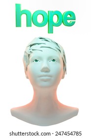 Three dimensional illustration of a face showing  hope on a white background