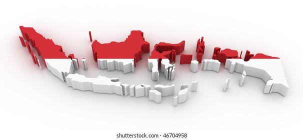 Three Dimensional Map Of Indonesia In Indonesian Flag Colors.