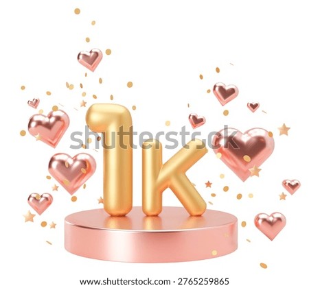 A three dimensional number one thousand stands atop a round base with hearts and stars surrounding it. The scene is bright and playful, emphasizing celebration and achievement.