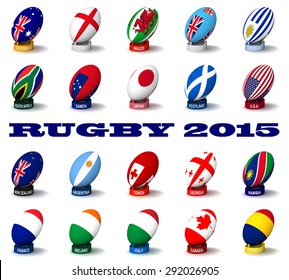 Three dimensional render of the flags and names of the nations participating in Rugby 2015 - Powered by Shutterstock