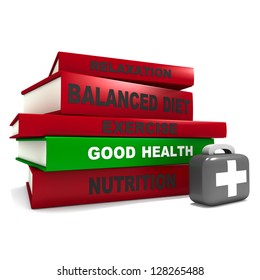 Three dimensional render of a pile of books and a first aid kit for the concept of good health