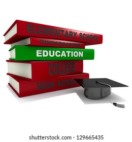 Three dimensional render of a pile of books and a graduation hat for the concept of education