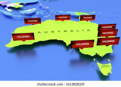 Three dimensional rendered map of Australia with wildfires sticker