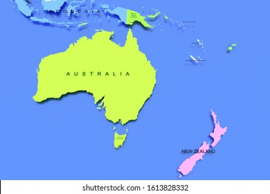 Three dimensional rendered map of Australia with country names