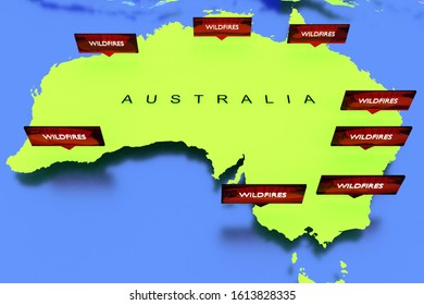Three dimensional rendered map of Australia with wildfires sticker
