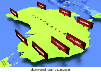 Three dimensional rendered map of Australia with wildfires sticker