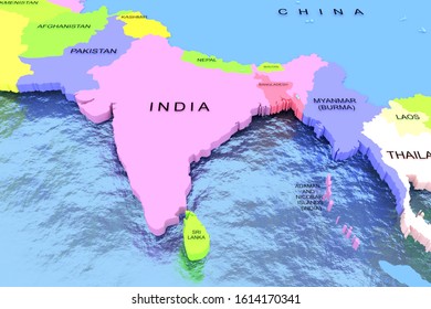 Three dimensional rendered map of India with country names