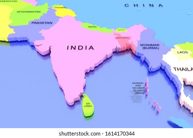 Three dimensional rendered map of India with country names