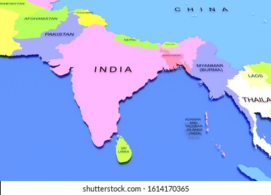 Three dimensional rendered map of India with country names