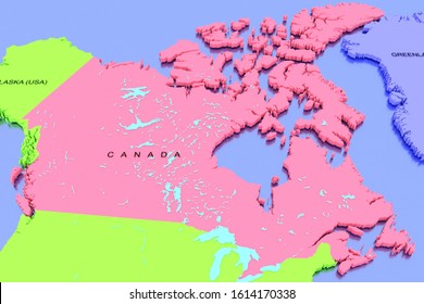Three dimensional rendered map of North America with country names