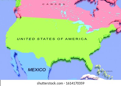 Three dimensional rendered map of North America with country names