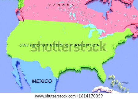Three dimensional rendered map of North America with country names