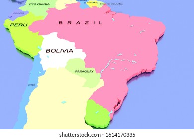 Three dimensional rendered map of South America with country names