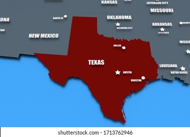 Three dimensional rendered map of Texas with states names
