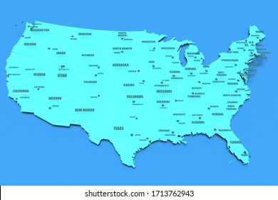 Three dimensional rendered map of USA with states names