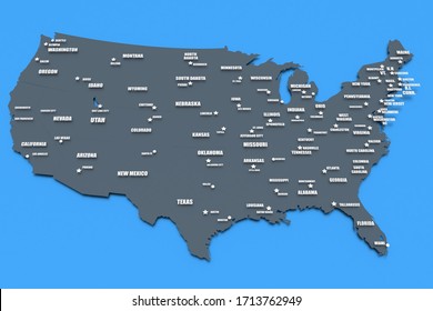 Three dimensional rendered map of USA with states names