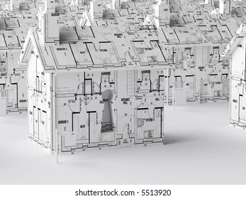 Three dimensional rendered of simple house wrapped in architectural plans