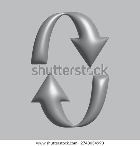 Three dimensional silver arrows forming a circular motion on a gray background viewed from directly above
