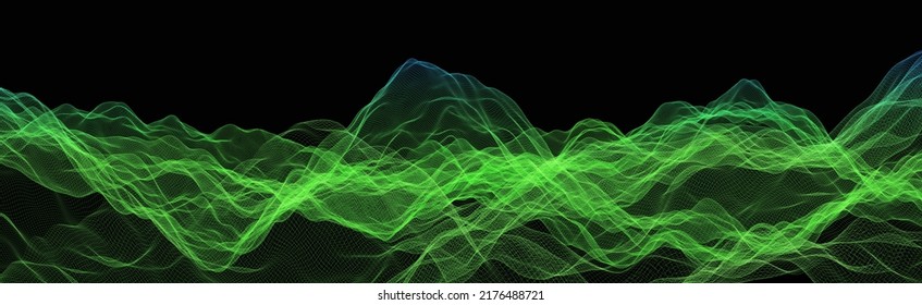 Three dimensional surface of complex data subjects or models in lively green shade. On black background. Data visualization. High resolution, 3D rendering.