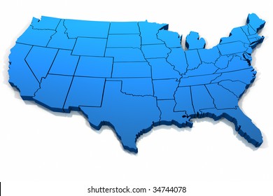 Three Dimensional United States Blue Tone Outline On White Background.