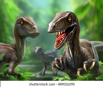 three dinosaurs velociraptors in nature