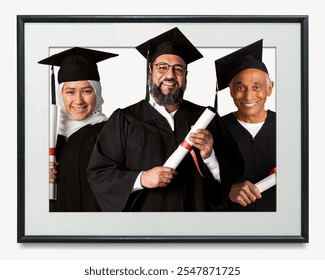 Three diverse graduates in caps and gowns, holding diplomas. Diverse group celebrating graduation. Smiling graduates, proud of their achievement. Graduation, education for all, achievement concept. - Powered by Shutterstock