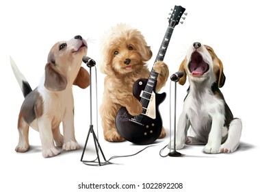 Three dogs musicians watercolor