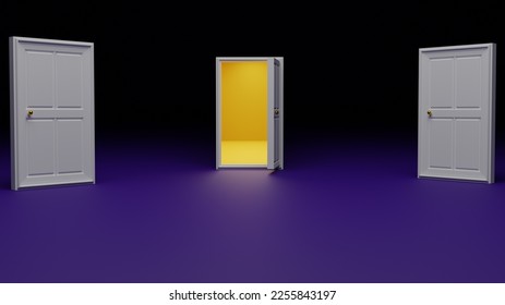 three door 3d rendering concept for business or life goal selection, concept for confusion solution in business and marketing, opportunity door 3d illustration design 
