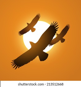Three eagles above the sunset flying illustration
