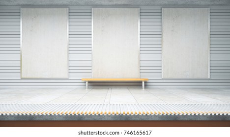 Three Empty Billboards Inside Metro Or Subway Station With Bench. Mock Up, 3D Rendering 