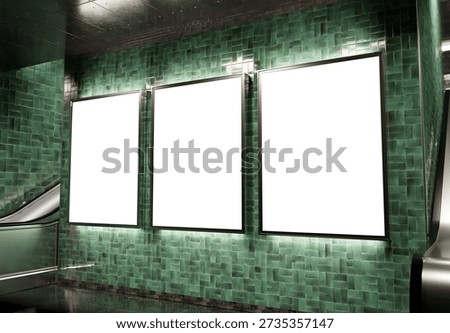 Three empty billboards on underground wall Mockup. Vertical hoardings in dark green subway station. 3D rendering
